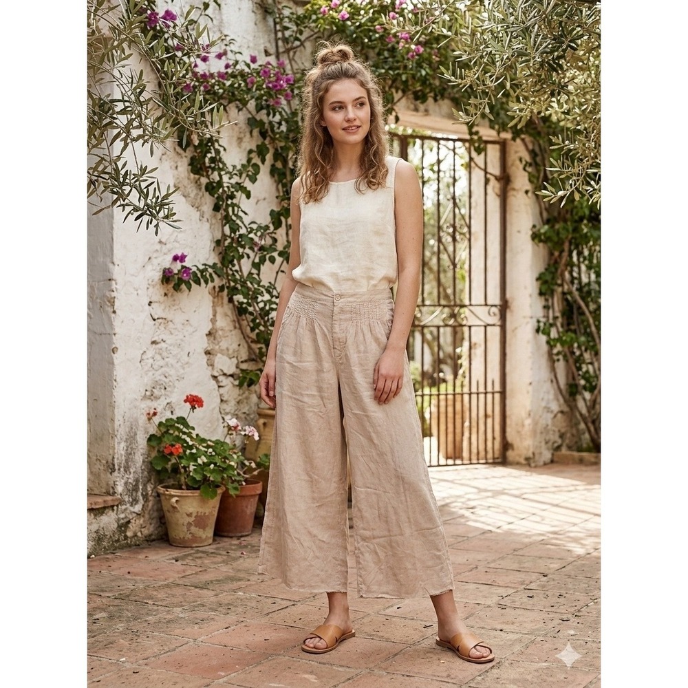 Free People Wide Leg Linen-Blend Pants in Beige